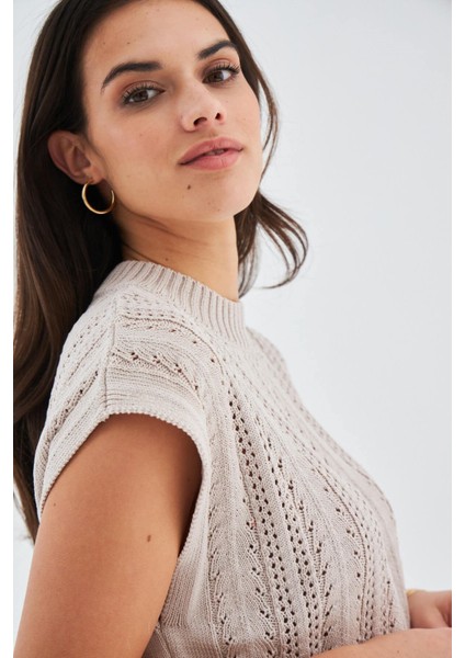 SİMA BLOUSE Ajur Detaylı Düşük Kollu Yazlık Kadın Triko Bluz - Bej indirimleri