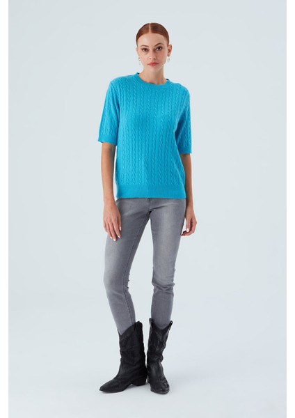 NICOLE BLOUSE Saç Örgülü Kısa Kollu Kaşmirli Kadın Triko Bluz - Turkuaz