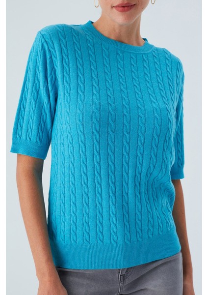 NICOLE BLOUSE Saç Örgülü Kısa Kollu Kaşmirli Kadın Triko Bluz - Turkuaz modelleri