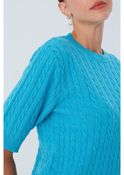 NICOLE BLOUSE Saç Örgülü Kısa Kollu Kaşmirli Kadın Triko Bluz - Turkuaz fırsatları