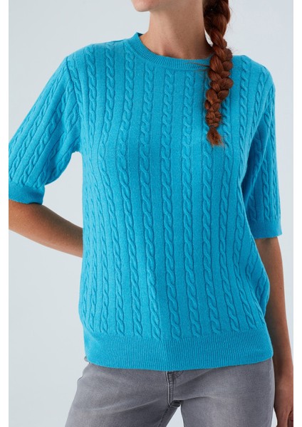 NICOLE BLOUSE Saç Örgülü Kısa Kollu Kaşmirli Kadın Triko Bluz - Turkuaz indirimleri