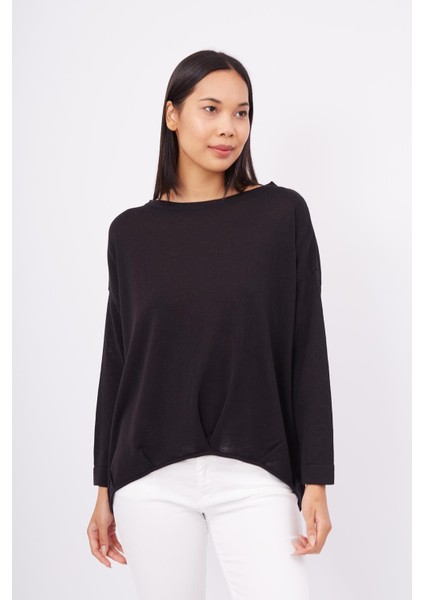 MEADOW BLOUSE Ön ve Arka Pile Detaylı Salaş Kadın Triko Bluz - SİYAH indirimleri