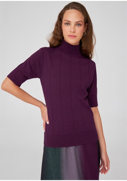 BETTY BLOUSE Balıkçı Yaka Kısa Kollu İnce Basic Kadın Triko Bluz - Mor Melanj fiyatları