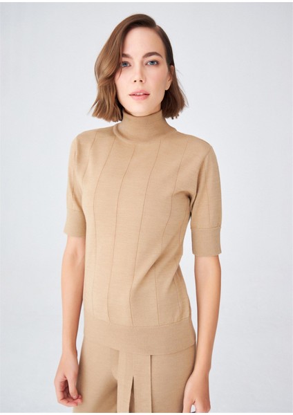 BETTY BLOUSE Balıkçı Yaka Kısa Kollu İnce Basic Kadın Triko Bluz - Camel Melanj fiyatları