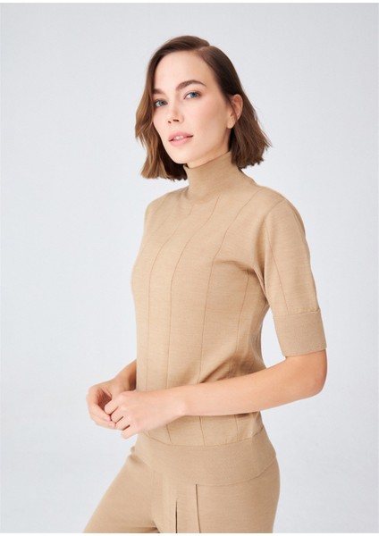 BETTY BLOUSE Balıkçı Yaka Kısa Kollu İnce Basic Kadın Triko Bluz - Camel Melanj fırsatları