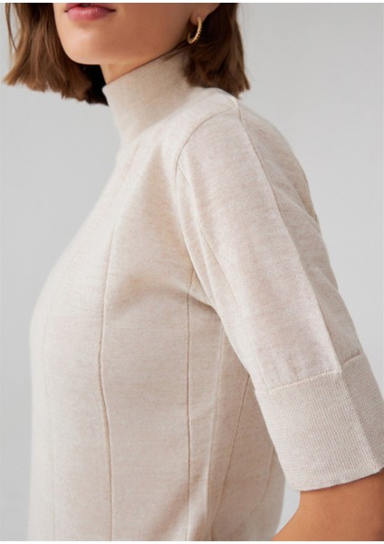 BETTY BLOUSE Balıkçı Yaka Kısa Kollu İnce Basic Kadın Triko Bluz - Ekru Melanj fırsatları