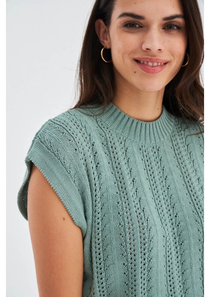 SİMA BLOUSE Ajur Detaylı Düşük Kollu Yazlık Kadın Triko Bluz - Nil Yeşil indirimleri