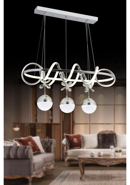 3 Renkli LED Avize, Kumandalı, Modern Tasarım, Krom Detaylı, 60x60 cm