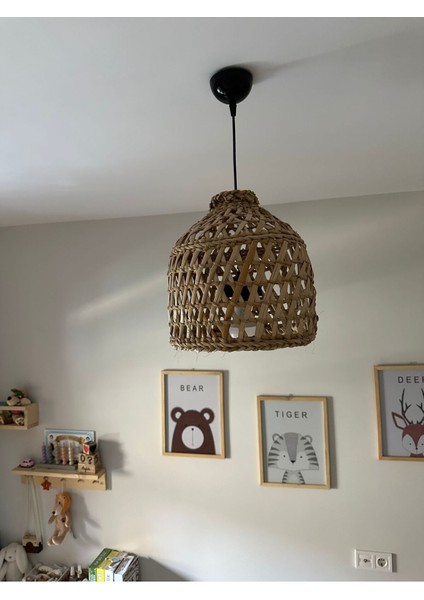 Siyah Hasır Bambu Avize, Çocuk Odası Dekorasyonu, Hafif ve Şık Tasarım, 27 cm