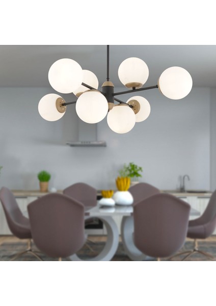 8'li Beyaz Camlı Modern Oturma Odası Salon Avizesi, Metal Malzeme, 95x73 cm