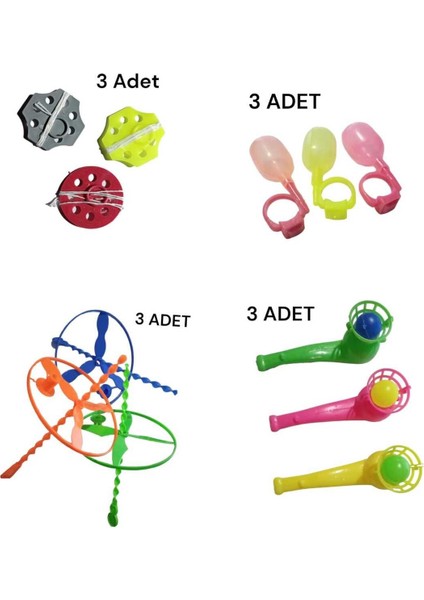 Nostalji Eğitici Oyuncaklar - 3'er Adet Ufo Daire, Üflemeli Top, Ipli Fırfır, Su Yüzüğü Nostalj