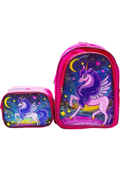 2 Bölmeli Unicorn Ilkokul Okul Sırt Çantası ve Beslenme Çantası Pembe KOD:1308