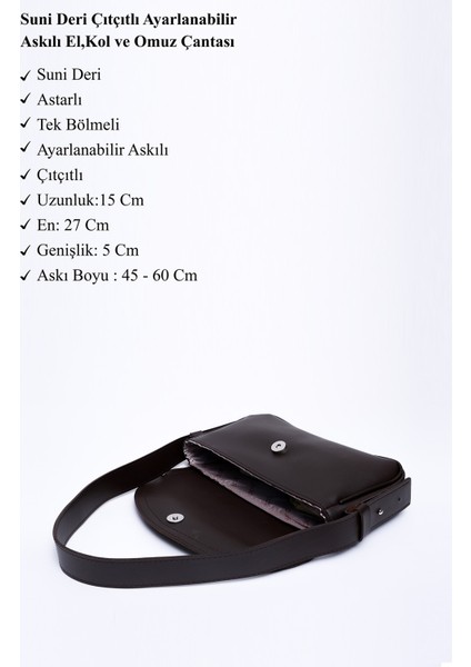 Kahve Rengi Shk150 Deri Astarlı Çıtçıtlı Ayarlanabilir Askılı El, Kol Ve Omuz Çantası U:15 E:27 G:5 Cm