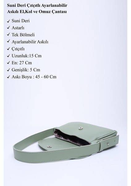Mint Yeşil Shk150 Deri Astarlı Çıtçıtlı Ayarlanabilir Askılı El, Kol Ve Omuz Çantası U:15 E:27 G:5 Cm