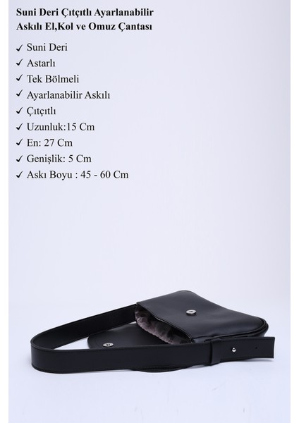 Siyah Shk150 Deri Astarlı Çıtçıtlı Ayarlanabilir Askılı El, Kol Ve Omuz Çantası U:15 E:27 G:5 Cm