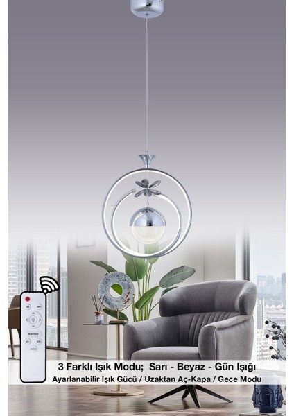 Fault 3 Renk Kumandalı ve Dimmerli Gümüş ( Sarı Beyaz ve Gün Işığı ) Luxury Kristal Taşlı LED Avize