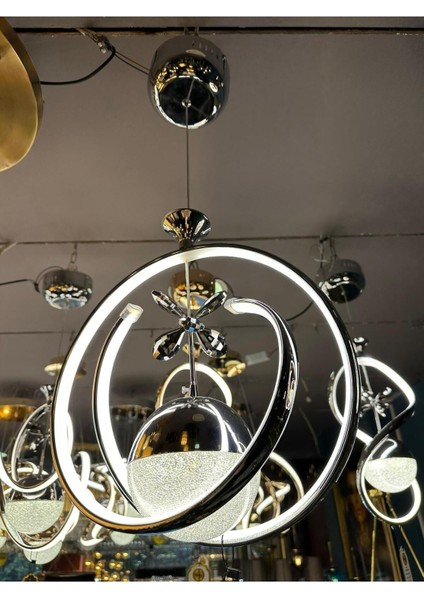 Fault 3 Renk Kumandalı ve Dimmerli Gümüş ( Sarı Beyaz ve Gün Işığı ) Luxury Kristal Taşlı LED Avize