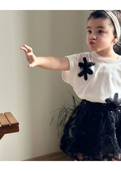 Siyah Çiçek Işlemeli Balon Etekli Kız Çocuk Alt Üst Takım