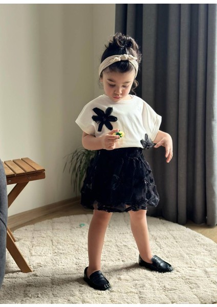 Siyah Çiçek Işlemeli Balon Etekli Kız Çocuk Alt Üst Takım fiyatları