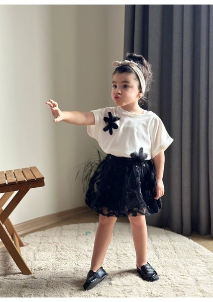 Siyah Çiçek Işlemeli Balon Etekli Kız Çocuk Alt Üst Takım modelleri