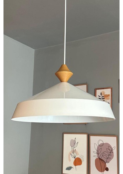 Modern Beyaz Tekli Metal Avize, Ahşap Detaylı Sarkıt Lamba, Restoran ve Salonlar İçin