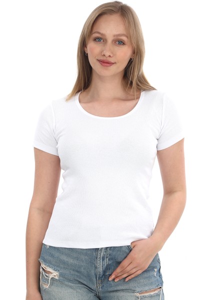 Kadın Fitilli Likralı Pamuk Basic Tshirt