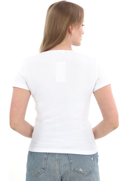 Kadın Fitilli Likralı Pamuk Basic Tshirt indirimleri