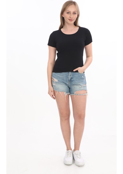 Kadın Fitilli Likralı Pamuk Basic Tshirt