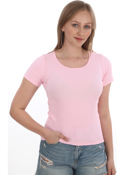Kadın Fitilli Likralı Pamuk Basic Tshirt