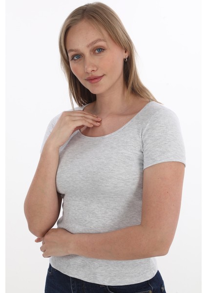 Kadın Fitilli Likralı Pamuk Basic Tshirt