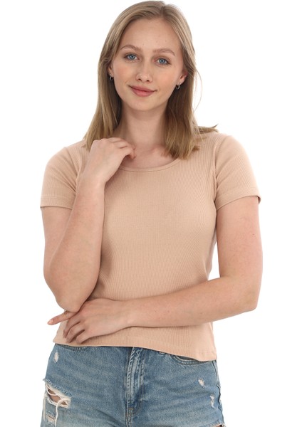 Kadın Fitilli Likralı Pamuk Basic Tshirt