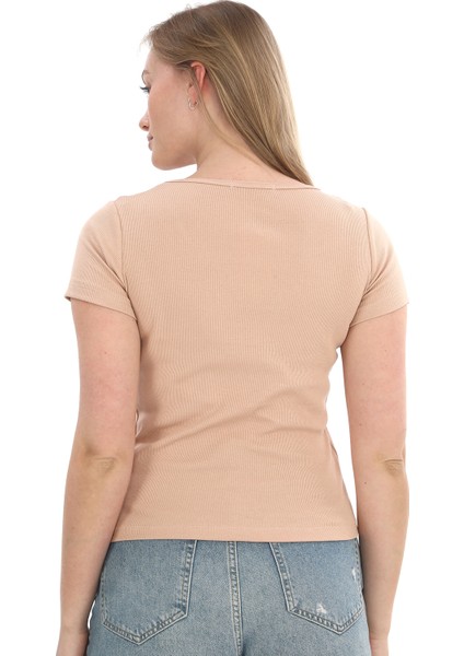 Kadın Fitilli Likralı Pamuk Basic Tshirt indirimleri