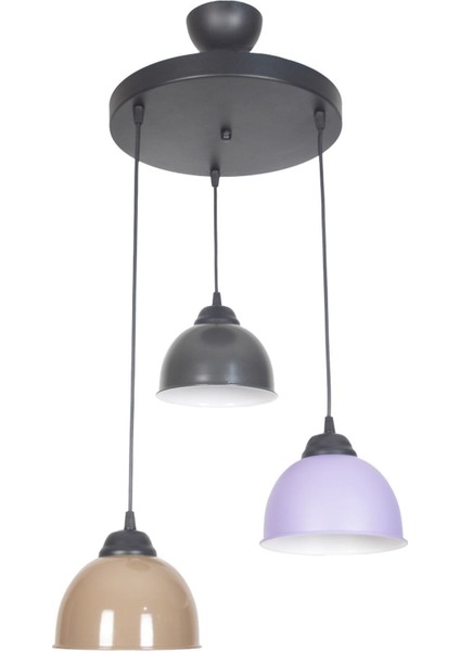 Parlak kahve, lila ve siyah renklerde modern metal üçlü avize, şık tasarım