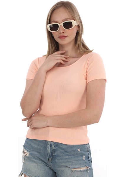 Kadın Fitilli Likralı Pamuk Basic Tshirt