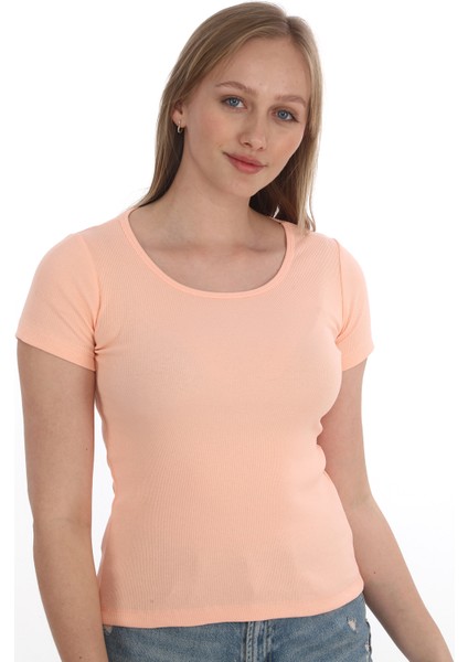 Kadın Fitilli Likralı Pamuk Basic Tshirt