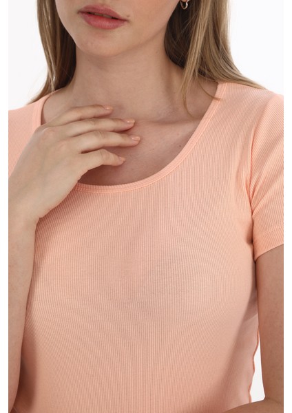 Kadın Fitilli Likralı Pamuk Basic Tshirt