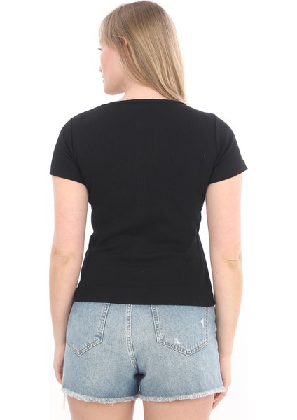 Kadın Fitilli Likralı Pamuk Basic Tshirt indirimleri
