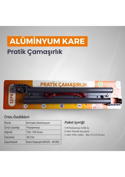 Antrasit Alüminyum Balkon Çamaşır Askı Demiri Kare Küpeşte