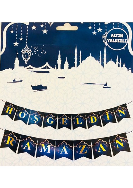 Hoşgeldin Ramazan Yazılı Altın Yaldızlı Kaligrafi Banner Gold Renkli Duvar Süsü