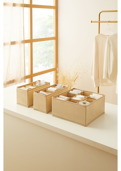 3'lü Bölmeli Bej Balıksırtı Çekmece Içi Düzenleyici Kutu Set 2*13X28X13 + 1*28X28X13