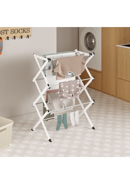 Portadry Taşınabilir Yer Tasarruflu Pratik ve Dayanıklı Metal Akordiyon Çamaşır Askısı-70 cm Beyaz