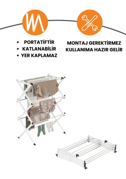 Portadry Taşınabilir Yer Tasarruflu Pratik ve Dayanıklı Metal Akordiyon Çamaşır Askısı-70 cm Beyaz