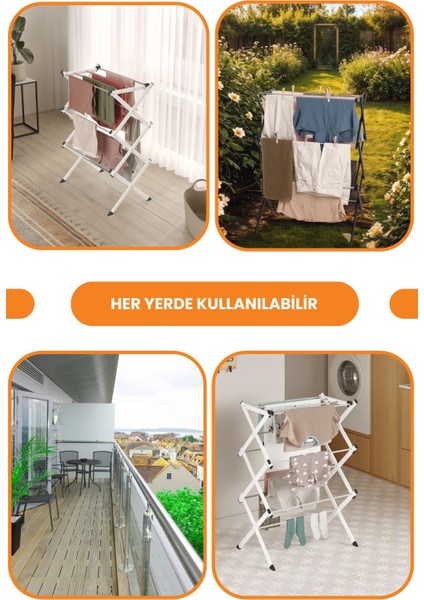 Portadry Taşınabilir Yer Tasarruflu Pratik ve Dayanıklı Metal Akordiyon Çamaşır Askısı-70 cm Beyaz
