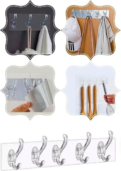 5'li Şeffaf Güçlü Kendinden Yapışkanlı Kapı Duvar Askısı Ağır Yük Taşıma