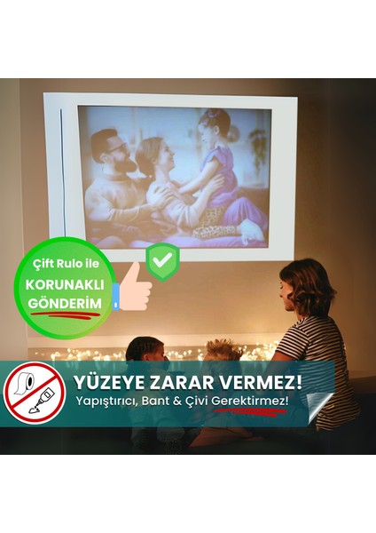 150X220 cm Projeksiyon Perdesi, Korunaklı Gönderim, Ev Sineması, Yapışkansız Duvar Perdesi
