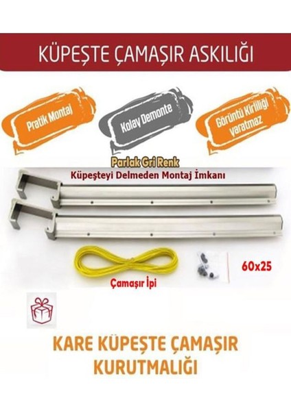 Balkon Çamaşır Kurutma Askısı Alüminyum Küpeşte Askılığı Kurutmalık Parlak Gri Kare 6 x 2.5 cm