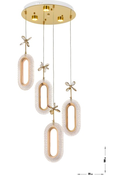 Sessi 4'lü Power Ledli Kumandalı Modern Lüks Sarkıt Avize, 3 Renk: Sarı-Beyaz-Gün Işığı - Gold