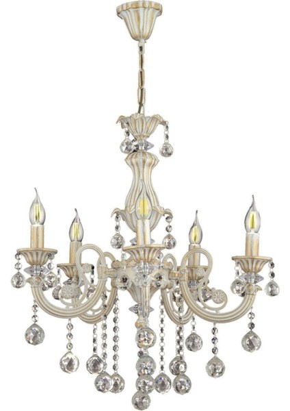 5 Kollu Beyaz Yaldızlı Kristal Avize, Modern Tasarım, Metal ve Kristal Malzeme