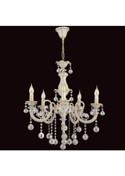 5 Kollu Beyaz Yaldızlı Kristal Avize, Modern Tasarım, Metal ve Kristal Malzeme