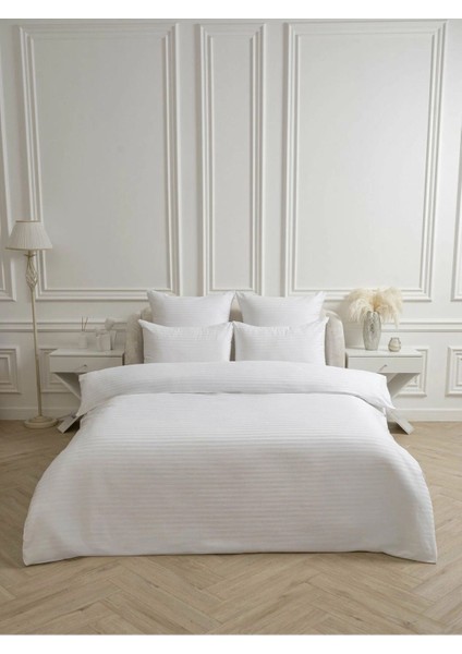 Line Beyaz Pamuk Saten Çift Kişilik Nevresim Takımı Lastiksiz Çarşaflı 4 Parça Set